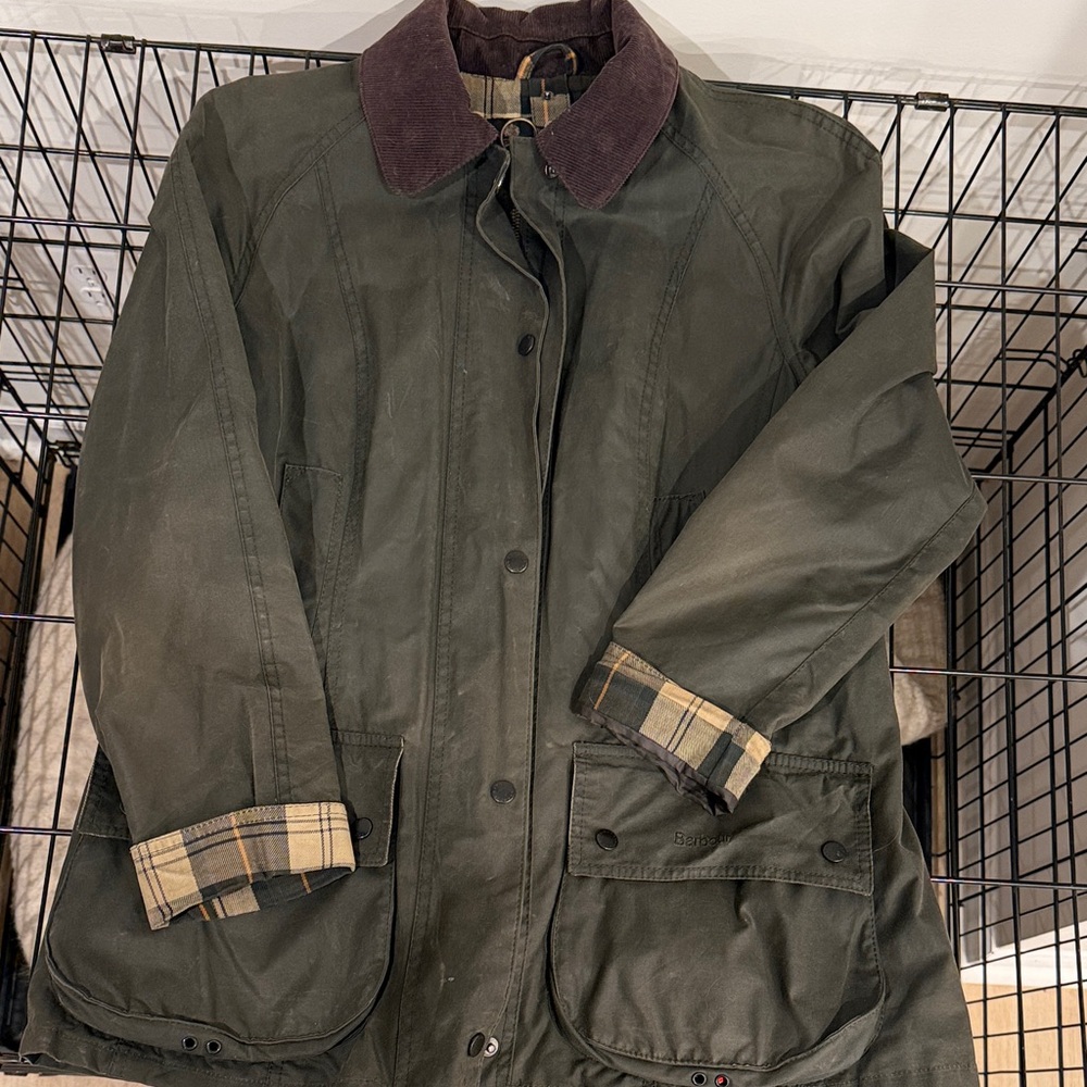 Olive Green Barbour Women's Jacket with Plaid Lining